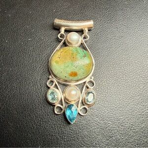 Sterling Silver Turquoise Pearls Sapphires & Topaz Pendant Signed WN 26.4 grams